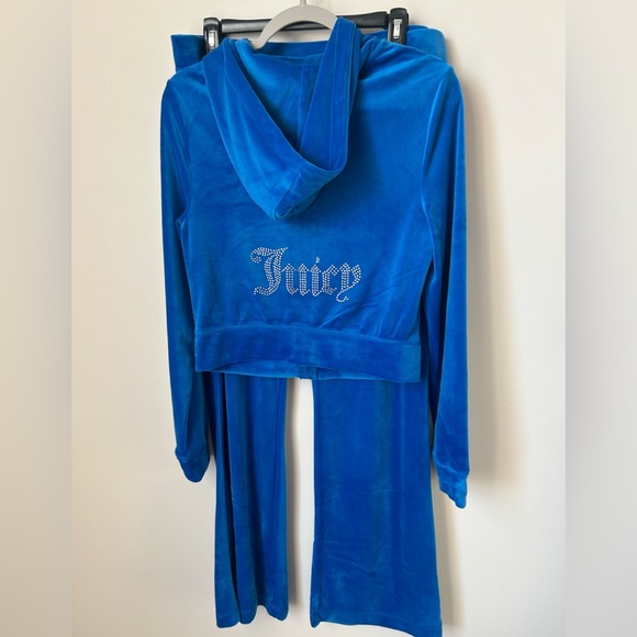Viral juicy blue splash Y2K full set jacket and pants velour rhinestones - Picture 1 of 6